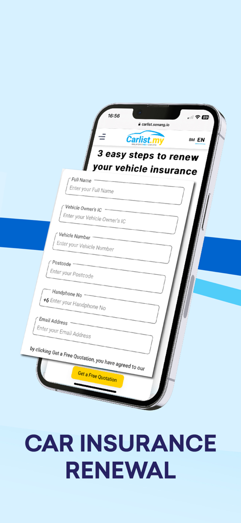Smartphone screen showing a car insurance renewal form on the Carlist.my mobile application