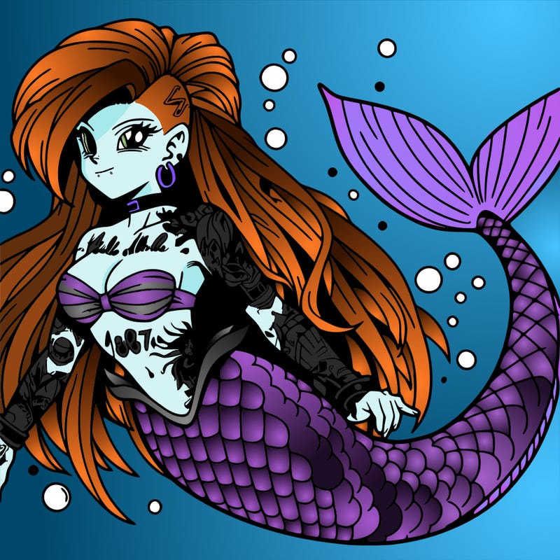dbz anime beautiful punk mermaid, long hair, mermaid tail, covered in tattoos, swimming underwater
