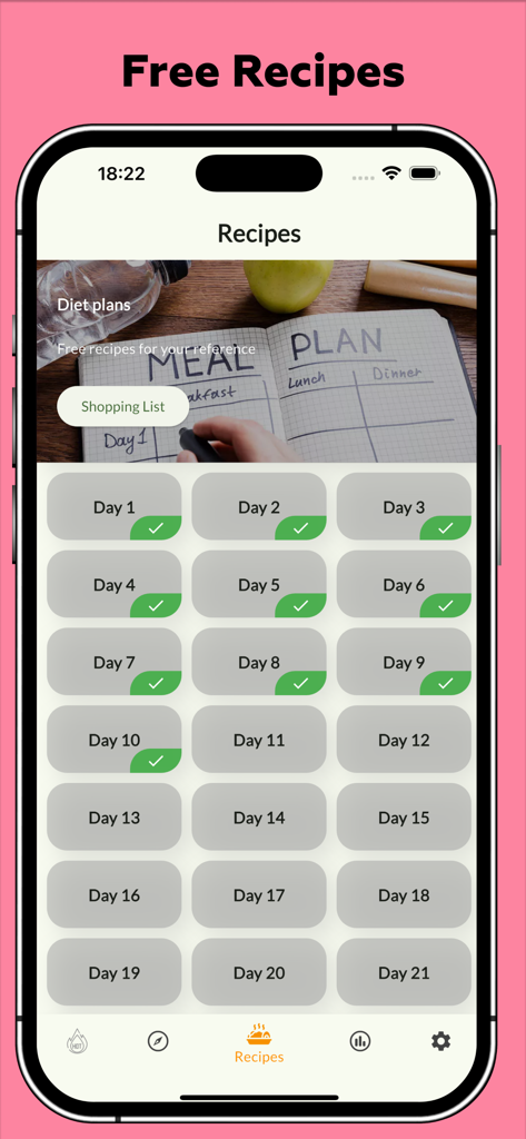 Lose Weight At Home For Women - Interfaz de la aplicación Pierde Peso en Casa Para Mujeres que muestra un rastreador de plan de comidas diario y una sección de recetas gratuitas