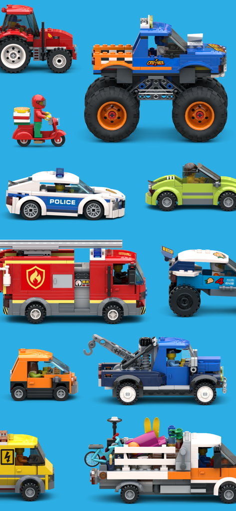 Una variedad de vehículos LEGO coleccionables, incluyendo un coche de policía, un camión de bomberos y un monster truck sobre un fondo azul