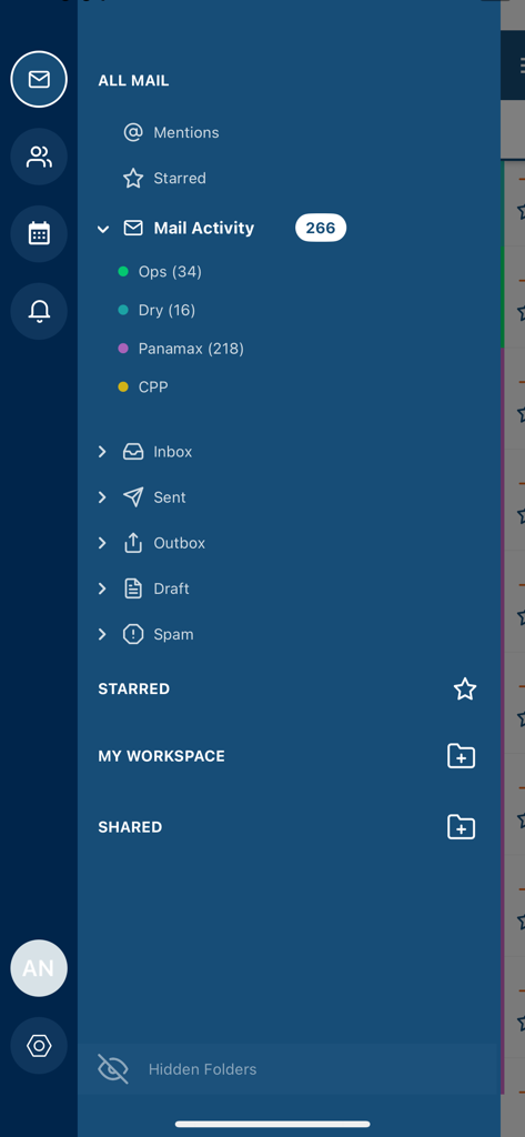 MarineTraffic Inbox - Navigation menu of MarineTraffic Inbox showing specialized maritime folders like Panamax and Ops
