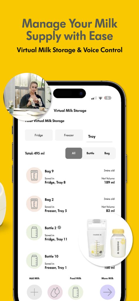 Medela Family - Breast Feeding - Interface of the Medela Family app showing a virtual milk storage inventory to track breast milk supply in fridge and freezer.