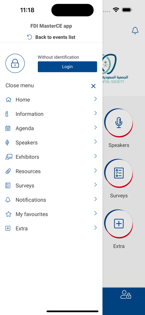 FDI Master CE Programme - Menu de navigation de l'application FDI Master CE montrant des sections comme Agenda, Conférenciers et Ressources pour les professionnels dentaires.