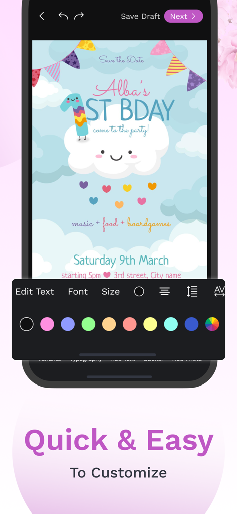 Party Invitation Cards Maker + - Un écran de téléphone mobile montrant des outils pour modifier une carte d'invitation pour un premier anniversaire.