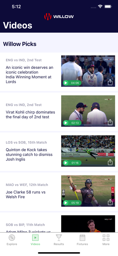 Willow app interface displaying a collection of cricket match video highlights and iconic moments.