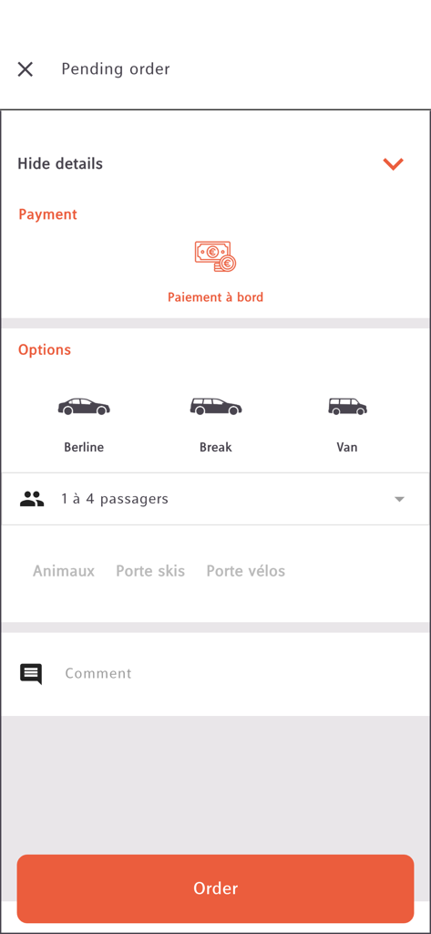 Taxi G5 - Taxi G5 mobile application interface showing vehicle selection options and payment method for a pending ride order