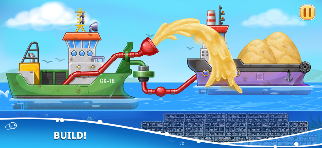 A green construction ship pumping sand onto another vessel in a kids educational game