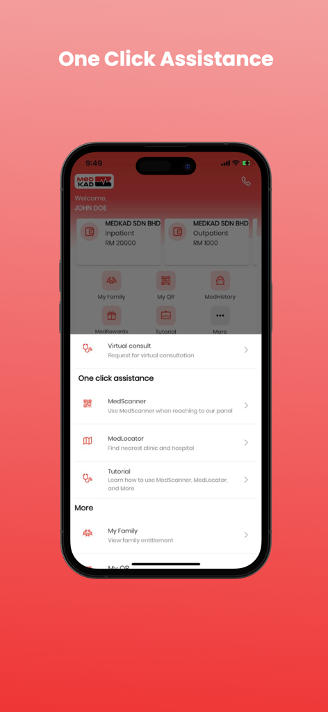 Medkad app screen showing one click assistance for medical services.