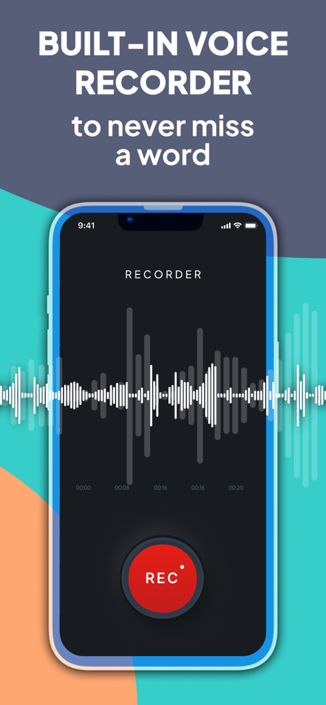 LISTENING DEVICE - HEARING AID - Interface of the hearing aid app showing a built-in voice recorder with a red record button and sound waveform.