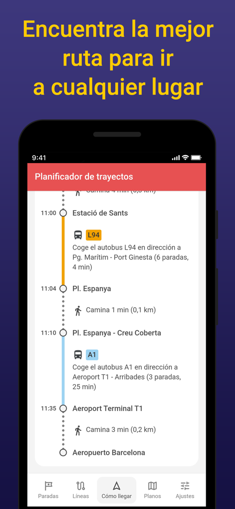 Barcelona Bus Metro Transporte - Schermata del pianificatore di percorso per il trasporto pubblico di Barcellona che mostra indicazioni in autobus e metro per l'aeroporto