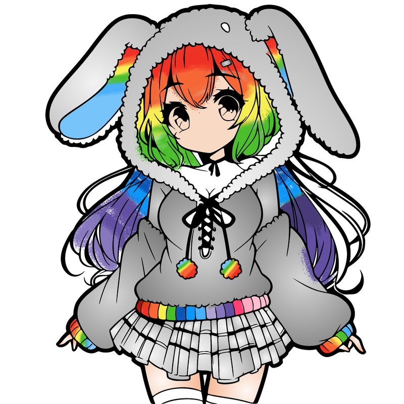 pretty anime girl wearing a fluffy hoodie with bunny ears on the hood and a skirt