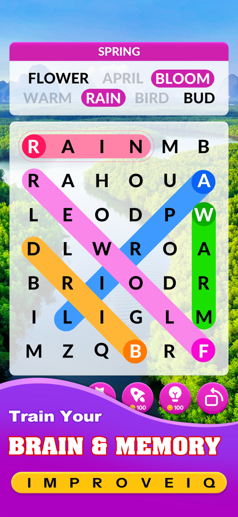 Word Search Master! - Jogo de quebra-cabeça de busca de palavras com destaques coloridos e tema de primavera para treinamento cerebral.