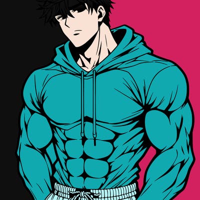 handsome muscular guy with hoodie anime