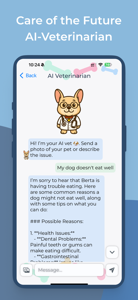 DogCare: AI Pet Health Tracker - AI veterinarian chat interface providing dog health advice