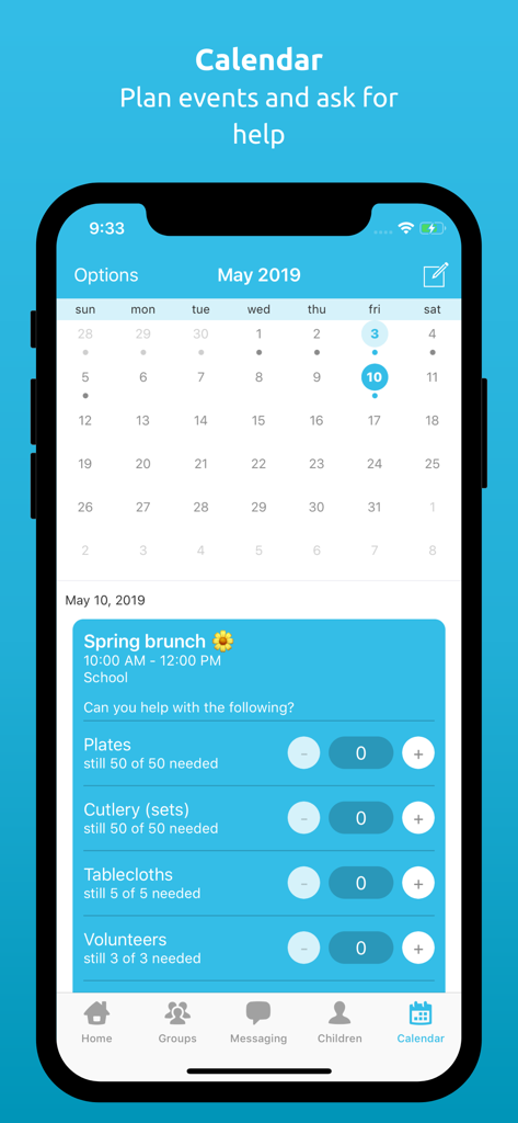 Social Schools - Social Schools app calendar showing school event planning and volunteer signup