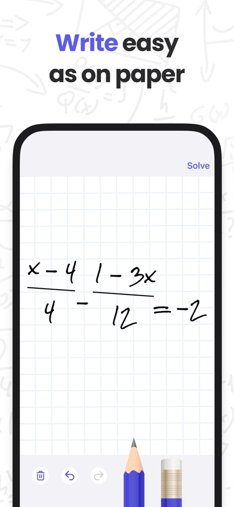 A smartphone screen from the MathMaster app showing a handwritten algebra equation on a digital grid with pencil tools