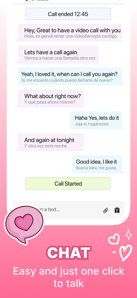 Screenshot dell'app Flirtbees che mostra un'interfaccia di chat con traduzione del testo in tempo reale e pulsanti di videochiamata.