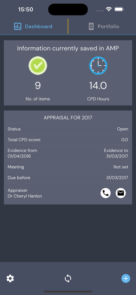 Dashboard view of the AMP app showing CPD hours and appraisal progress