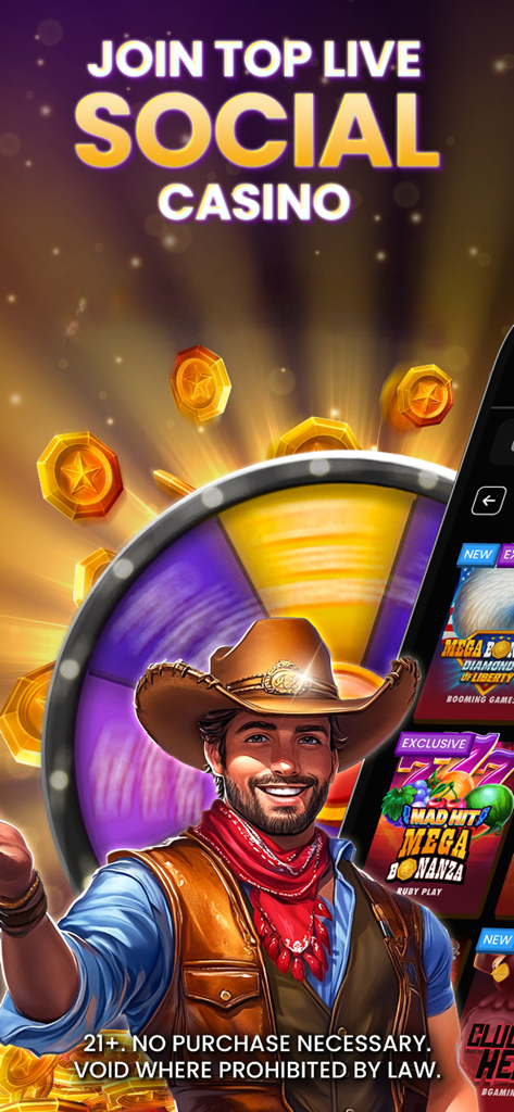 MegaBonanza Social Casino Live - Un personnage de cowboy souriant devant une roue de récompense tournante et des pièces d'or dans l'application MegaBonanza Social Casino.