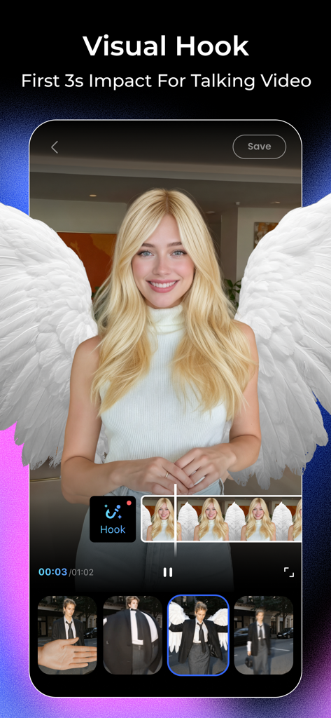 Vmake: AI Talking Video Editor - Una pantalla móvil que muestra la función Gancho Visual de la aplicación Vmake con una mujer usando alas de ángel generadas por IA para un video hablado.