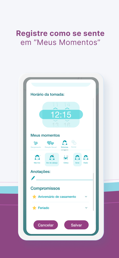Iumi ES - Interfaz de la aplicación Iumi ES para registrar la hora diaria de la píldora anticonceptiva y rastrear síntomas de salud como dolor de cabeza y acné.