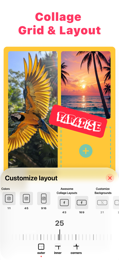 Photo Collage Maker: Collagify - Interfaz de la aplicación Collagify que muestra opciones de cuadrícula y diseño de collage personalizables para redes sociales