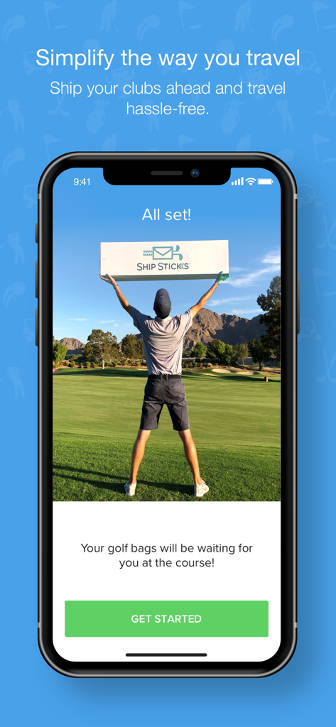 Ship Sticks - Ship Sticks app welcome screen featuring a golfer holding a club shipping box on a green