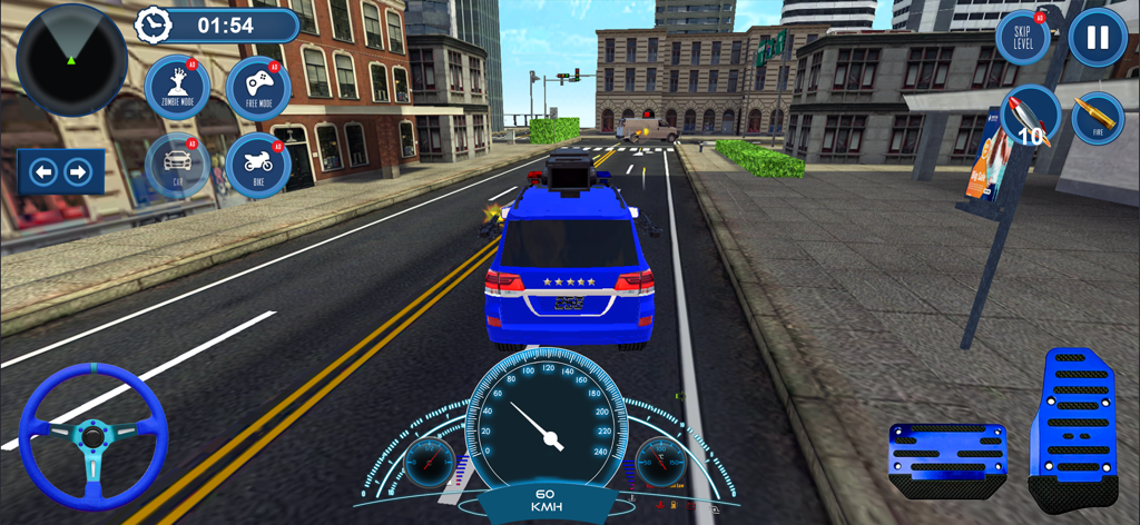 Police Car Chase Gangster Run - A blue police SUV driving through a city street in a 3D driving simulator game with on screen controls