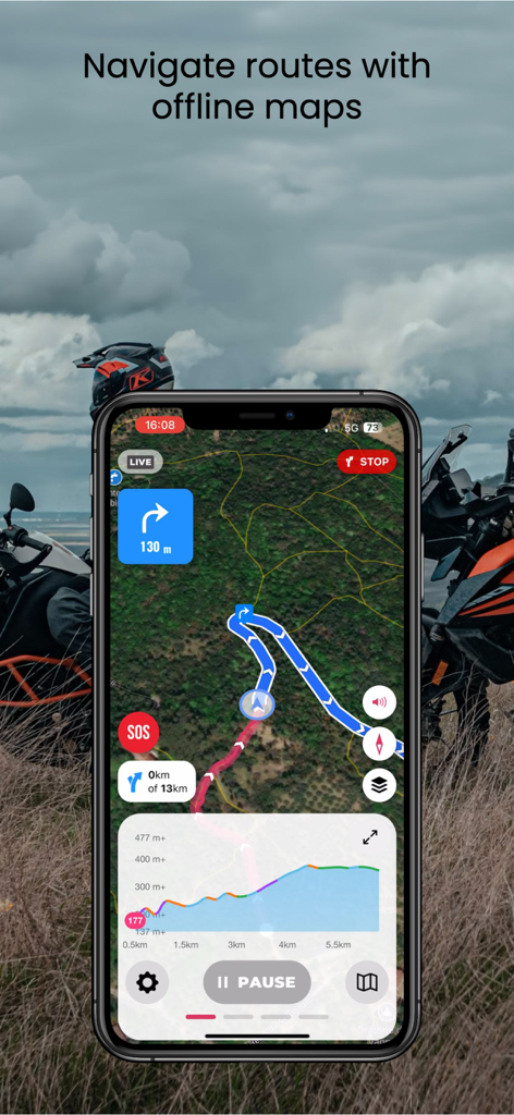 WHIP LIVE Moto, Bike, Trekking - Application mobile WHIP LIVE affichant des cartes hors ligne et une navigation virage par virage pour les itinéraires hors route