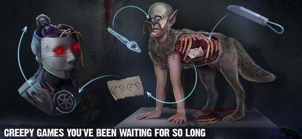 A creepy puzzle scene in Scary Horror 3 with a mechanical head and a mutated creature