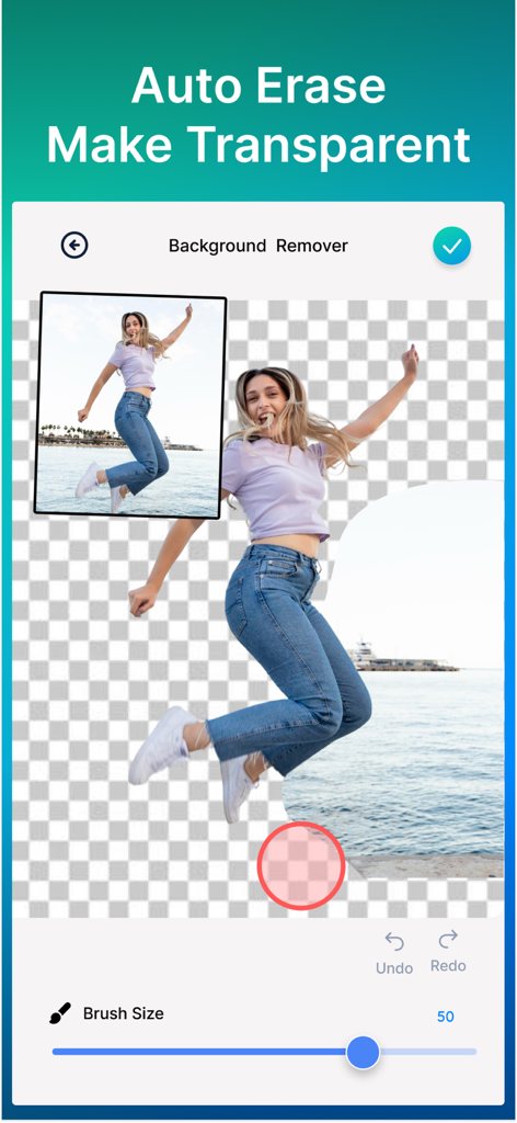 Pantalla de smartphone mostrando la función de borrado automático de la aplicación de borrador de fondos haciendo el fondo de una foto transparente