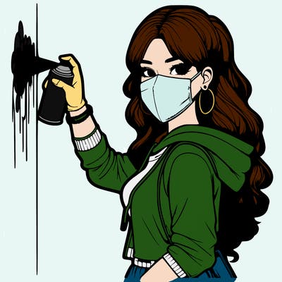 realistic girl with mask spray painting a wall
