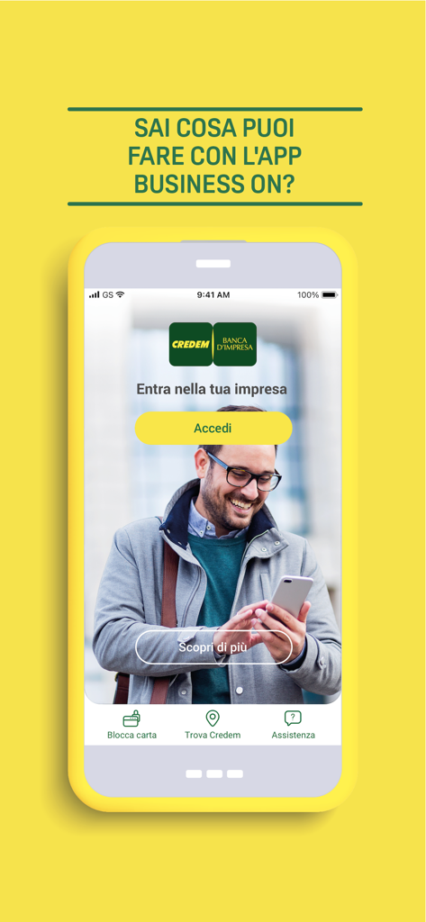 Credem Banca per imprese - Pantalla de inicio de sesión de la aplicación móvil Credem Banca per imprese que muestra a un profesional y las opciones de navegación