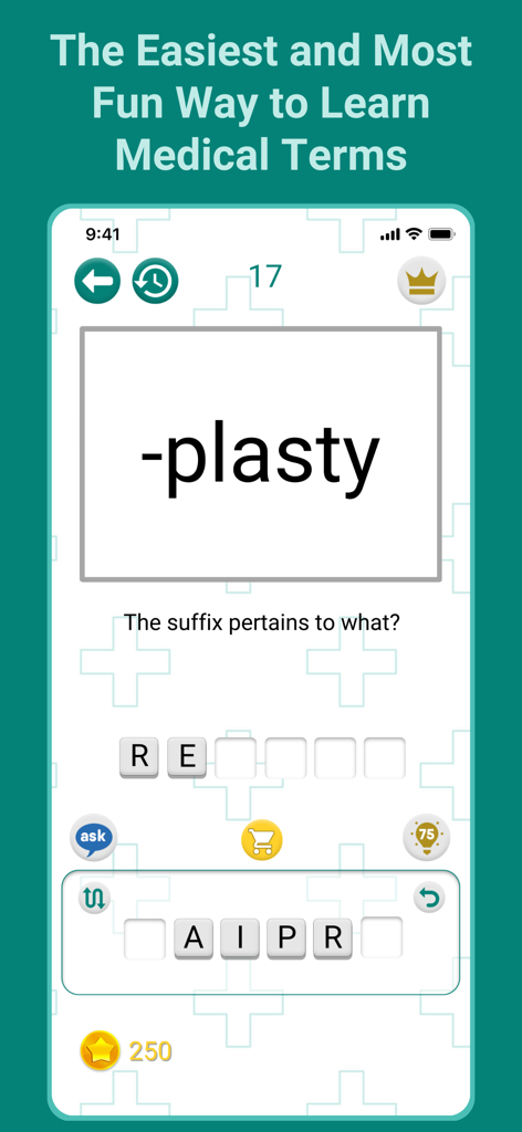 Medical Findings - Gameplay screen of the Medical Findings app showing a medical suffix game to learn terminology.