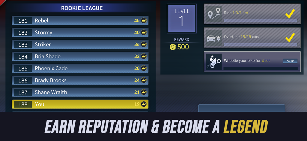 Real Moto Rider: Traffic Race - Interface de classificação da Liga de Novatos e missões do Nível 1 em Real Moto Rider