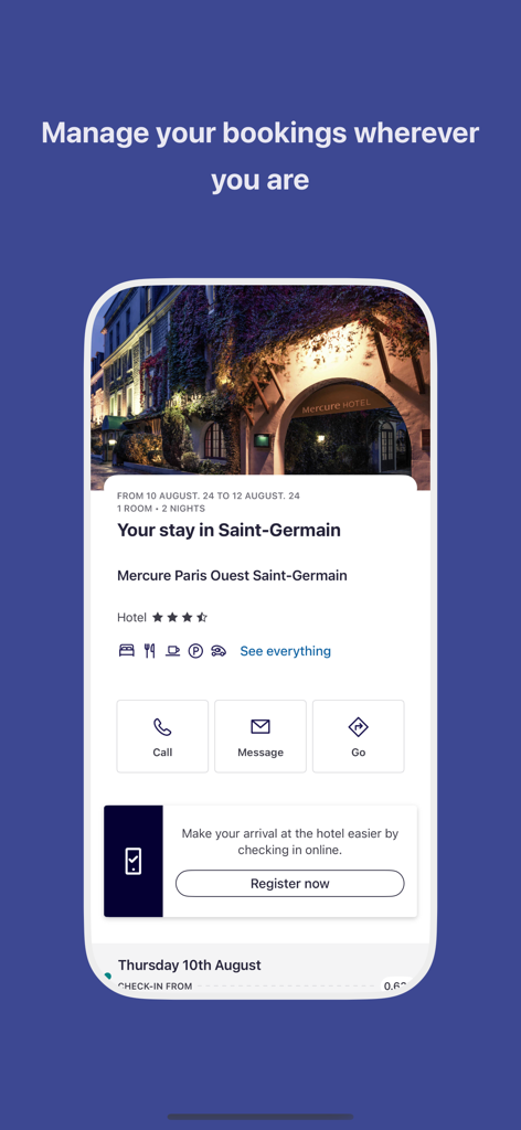 Mobile app interface for managing hotel bookings and online check-in for ALL Accor Live Limitless