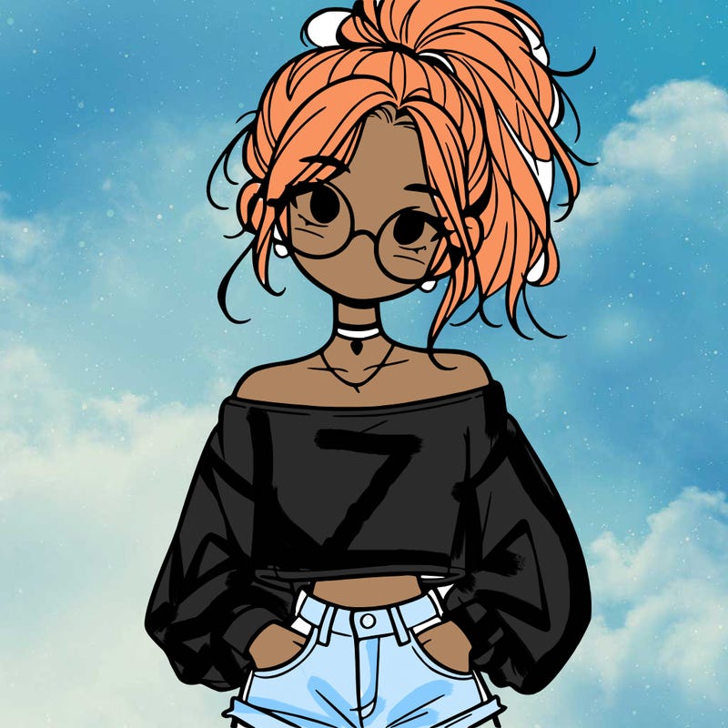 girl with a messy ponytail glasses a baggy crop top and jean shorts