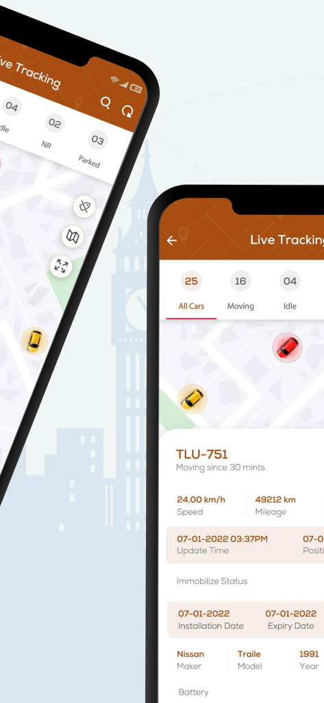 Mux Tech - Mux Tech app screens showing live vehicle tracking on a map and detailed vehicle performance data