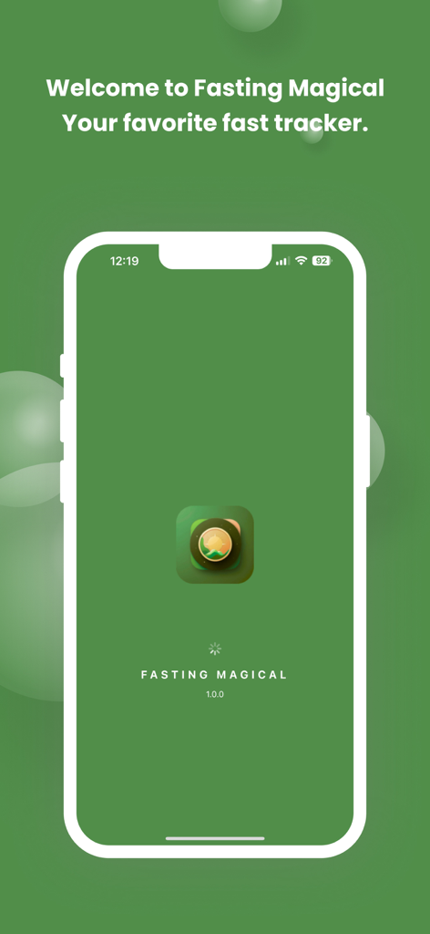 Fasting Magical: Fast Tracker - Welcome splash screen of the Fasting Magical app on an iPhone with a green background.