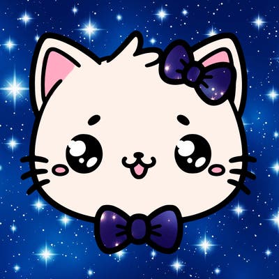 kawaii cat with a bow tie hanging from his ear