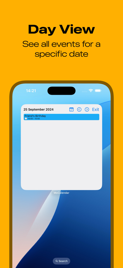 Captura de pantalla de la aplicación MoCalendar que muestra un widget de vista diaria en la pantalla de inicio de un iPhone para la planificación de eventos diarios