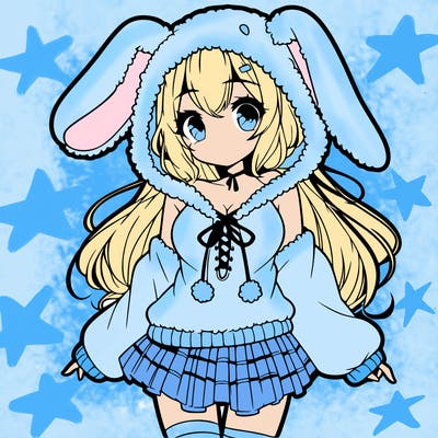 pretty anime girl wearing a fluffy hoodie with bunny ears on the hood and a skirt