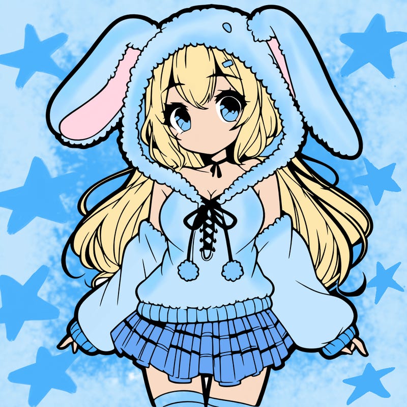 pretty anime girl wearing a fluffy hoodie with bunny ears on the hood and a skirt