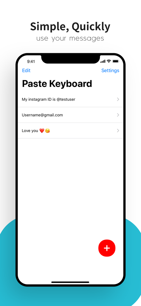 Paste Keyboard - Paste Keyboard app interface showing a list of saved text snippets and a red plus button to add new ones