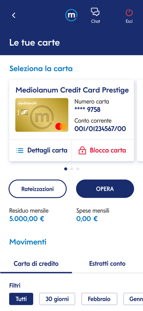 Mediolanum - Interfaccia dell'app mobile Mediolanum che mostra i dettagli della carta di credito e il riepilogo della spesa mensile.