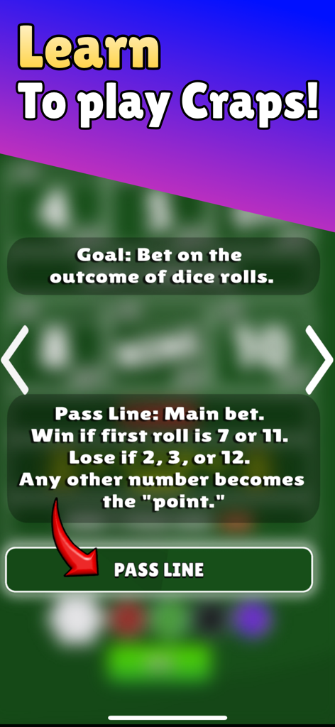 Bubble Craps - A tutorial screen in the Bubble Craps app explaining the goal of the game and the rules for a pass line bet.