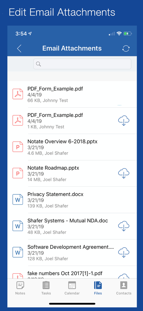 Notate for Microsoft 365 - A list of email attachments in Notate for Microsoft 365 showing PDF Word and PowerPoint documents