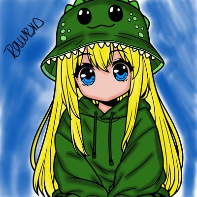 girl with anime shaped eyes with a dinosaur bucket hat oversized sweatshirt long straight hair