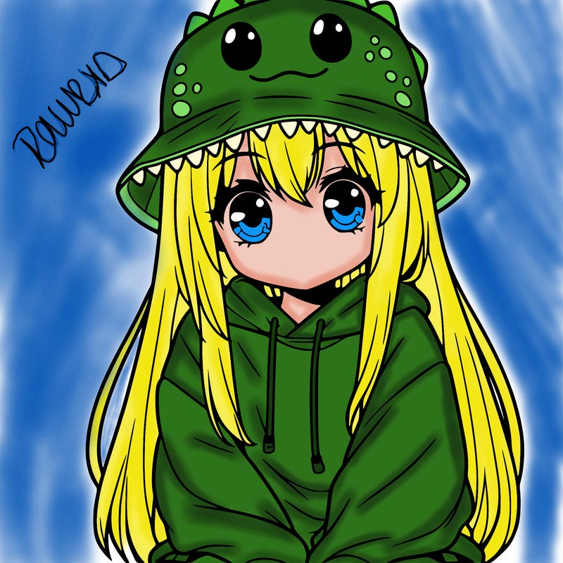 girl with anime shaped eyes with a dinosaur bucket hat oversized sweatshirt long straight hair