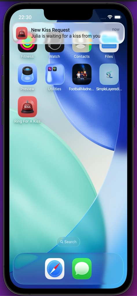 Ring For A Kiss - A kiss request notification on an iPhone home screen from the Ring For A Kiss app